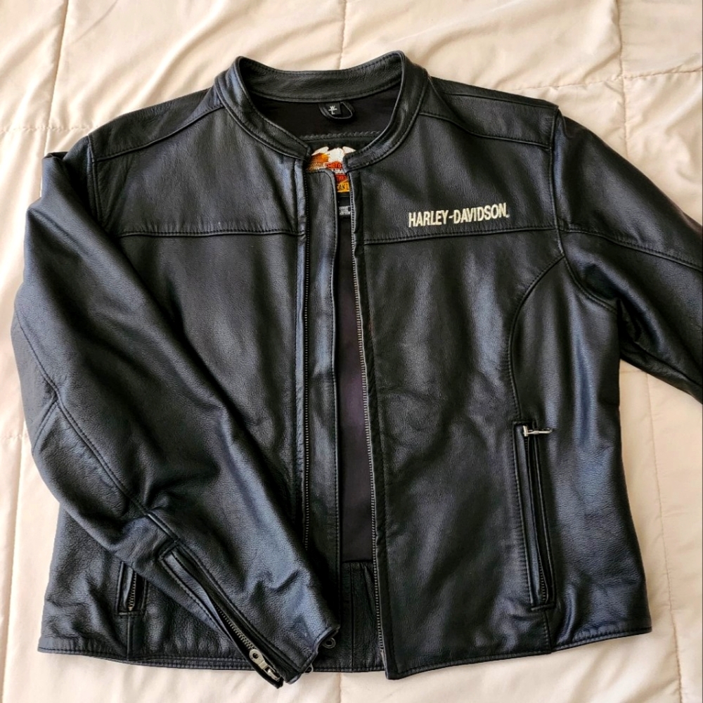 Womens Harley Davidson Black Genuine Leather Biker Jacket (97103-04VW) Large